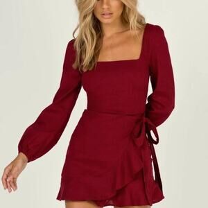 Princess Polly Maroon Linen Blend wrap Dress Size 4